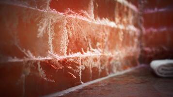 A close-up of a brick wall with visible wear and tear, including cracks and peeling paint.