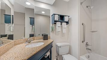 Eco-friendly toiletries, hair dryer, towels, soap