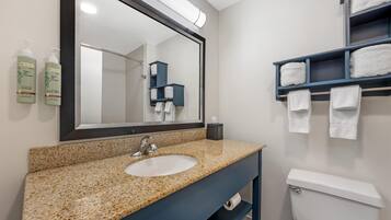 Eco-friendly toiletries, hair dryer, towels, soap