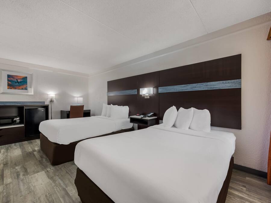 Room, 2 Double Beds, Accessible, Non Smoking | Desk, laptop workspace, soundproofing, iron/ironing board