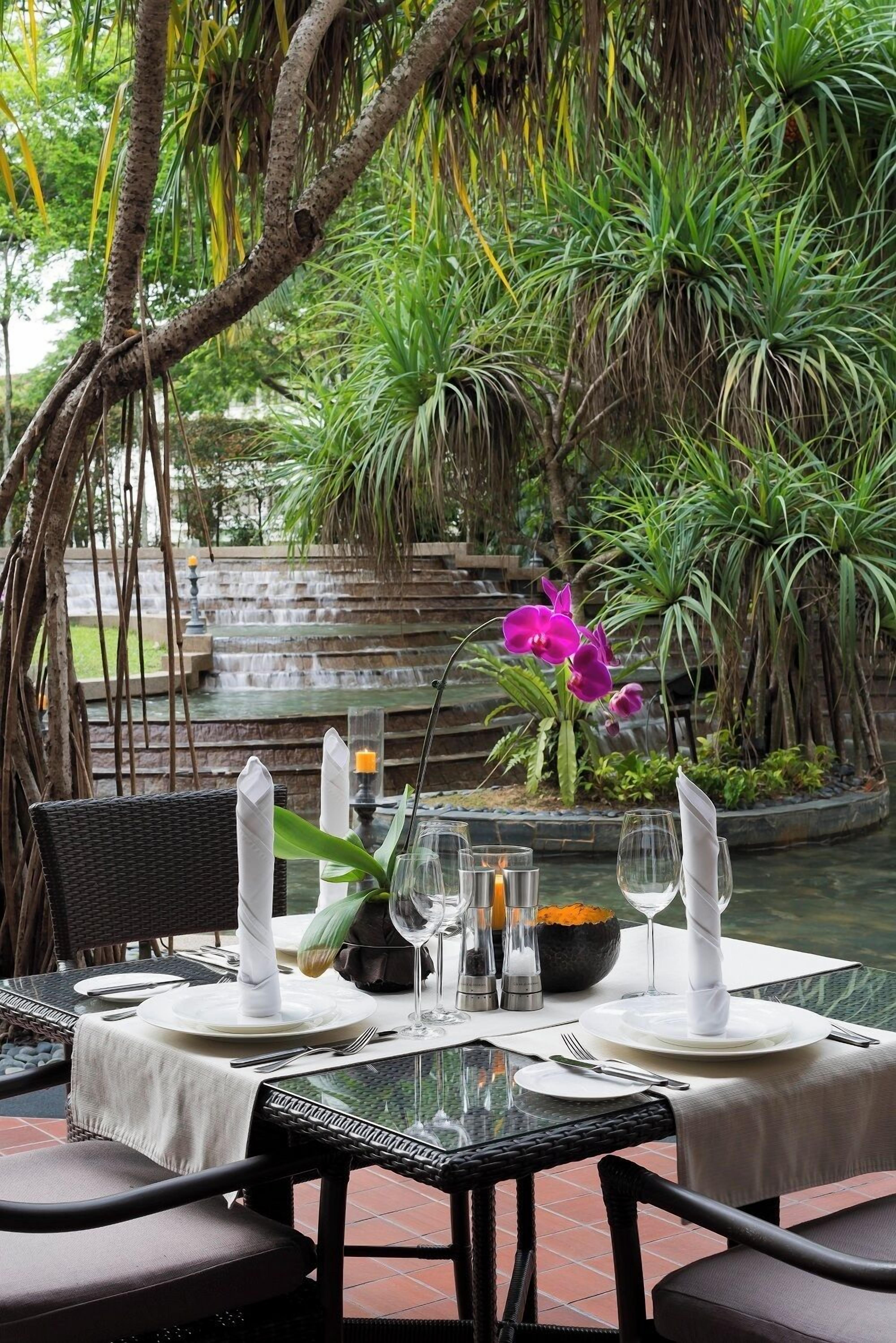 Mesa lista para comer con vista a una cascada y exuberante follaje.