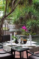 A table set for dining with a view of a waterfall and lush greenery.