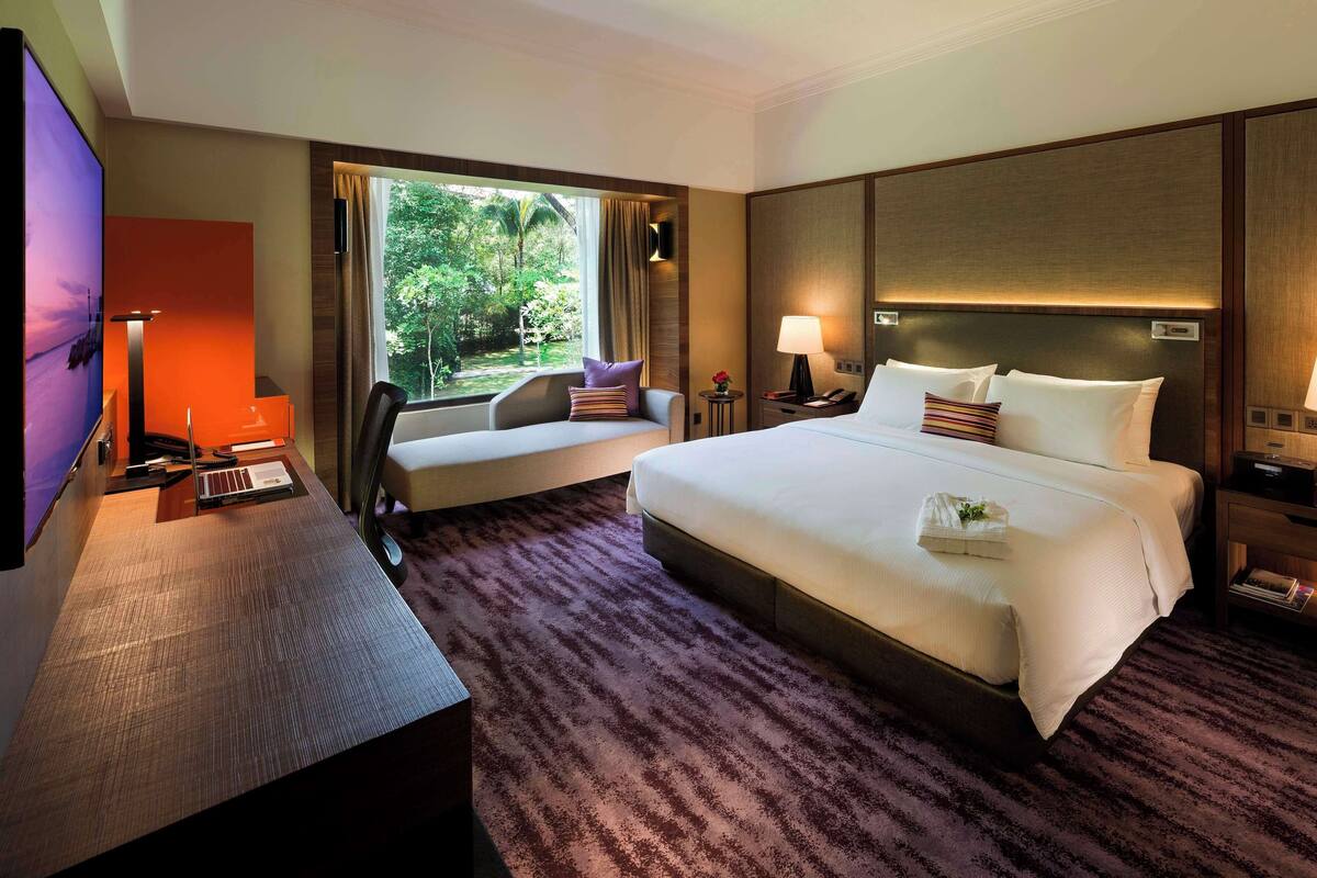 Habitación de hotel con una cama grande, un escritorio con una computadora portátil, un televisor y vistas a zonas verdes.