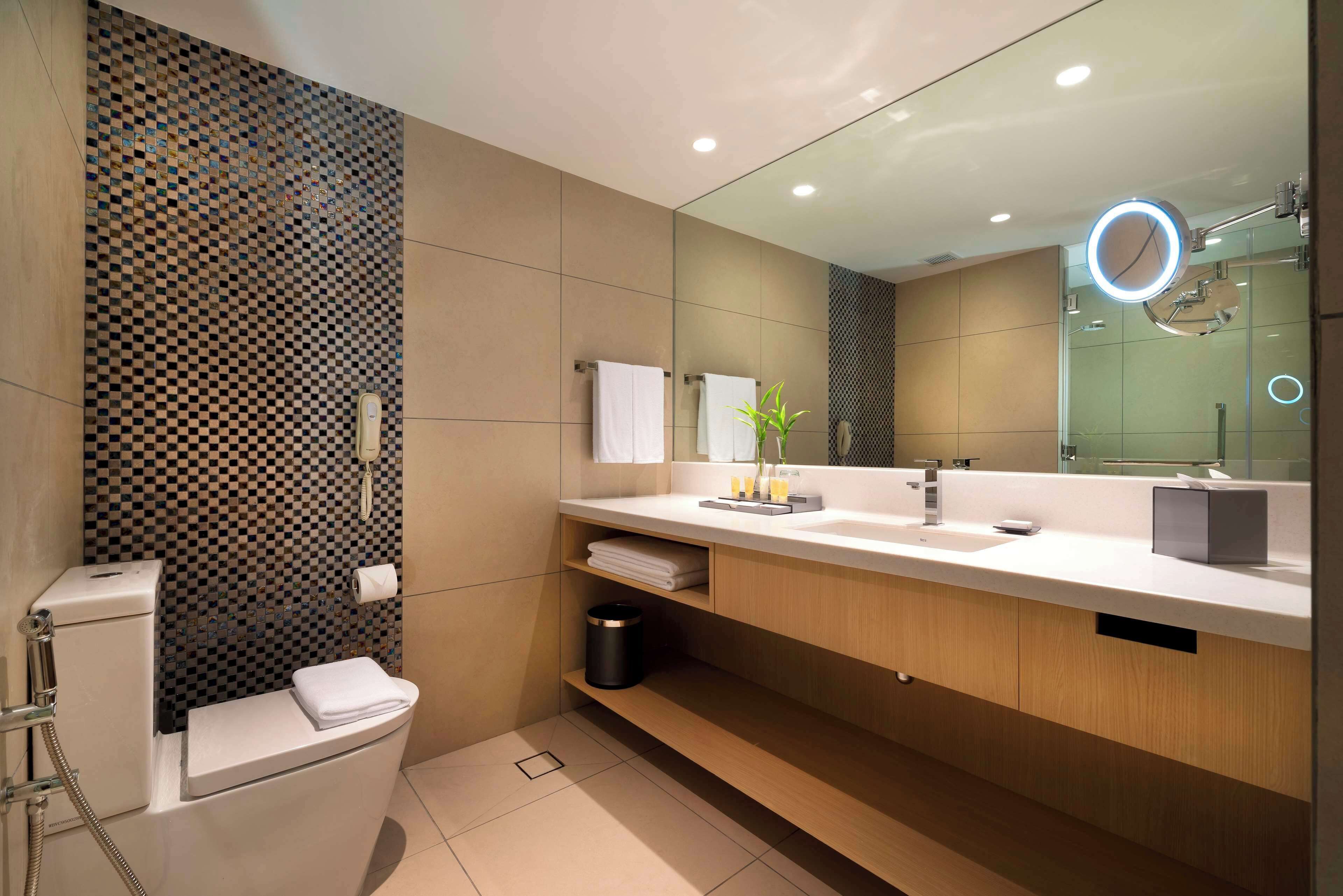 A modern bathroom with a checkered wall, a toilet, a sink with a mirror, and a small plant on the counter.