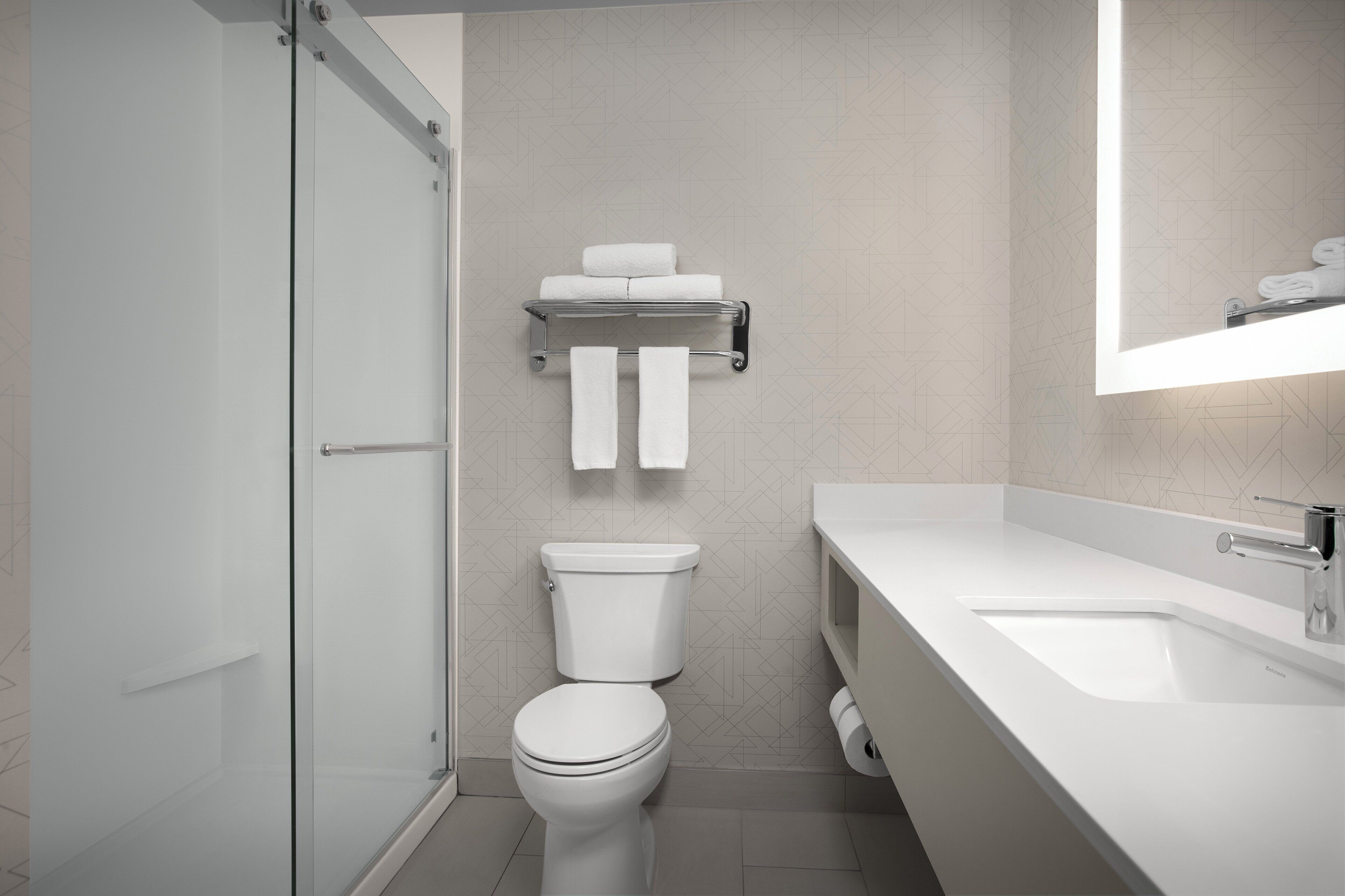 A modern bathroom with a glass shower enclosure, a toilet, a sink with a mirror, and a towel rack with towels.