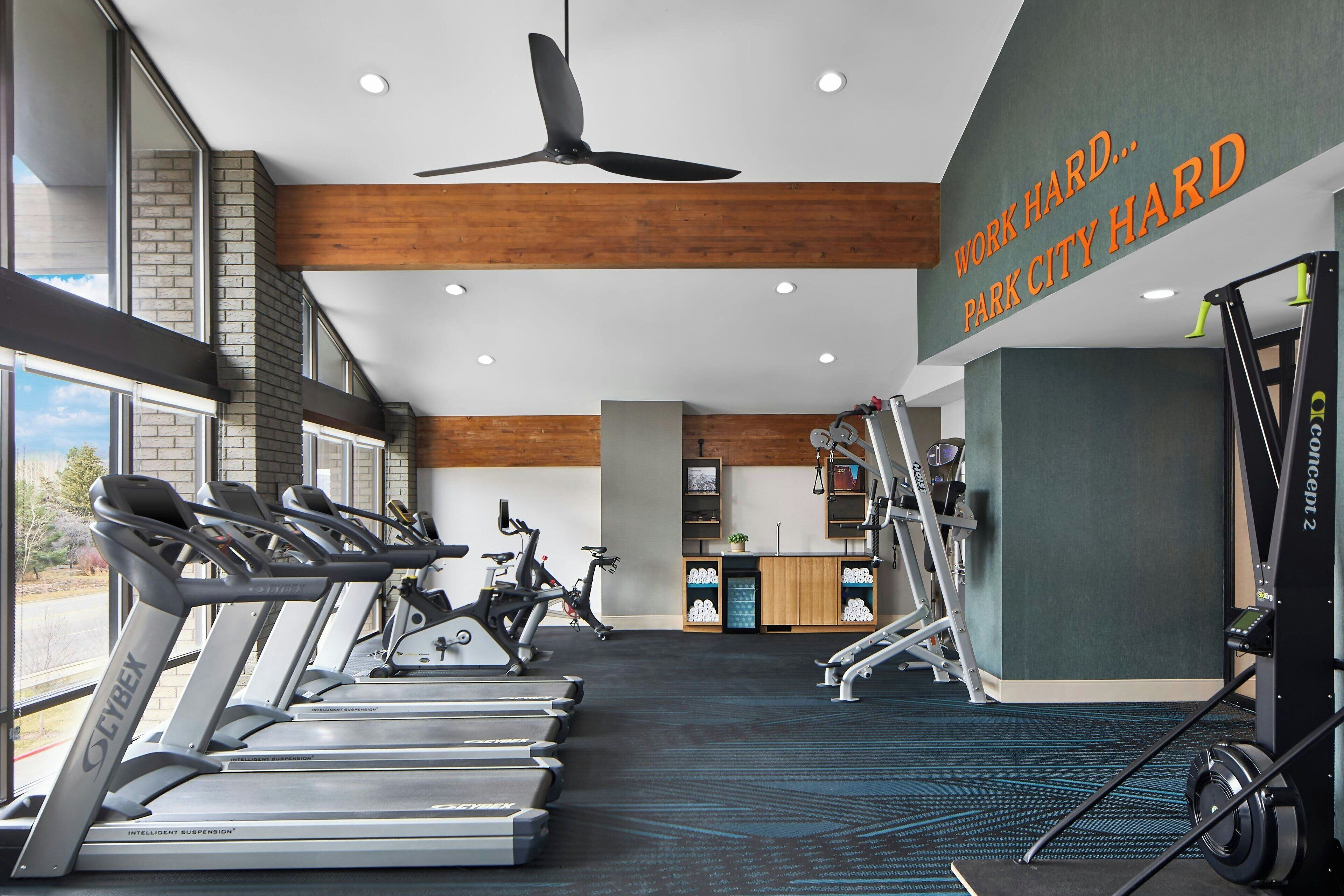 A gym with treadmills, stationary bikes, and weight machines.