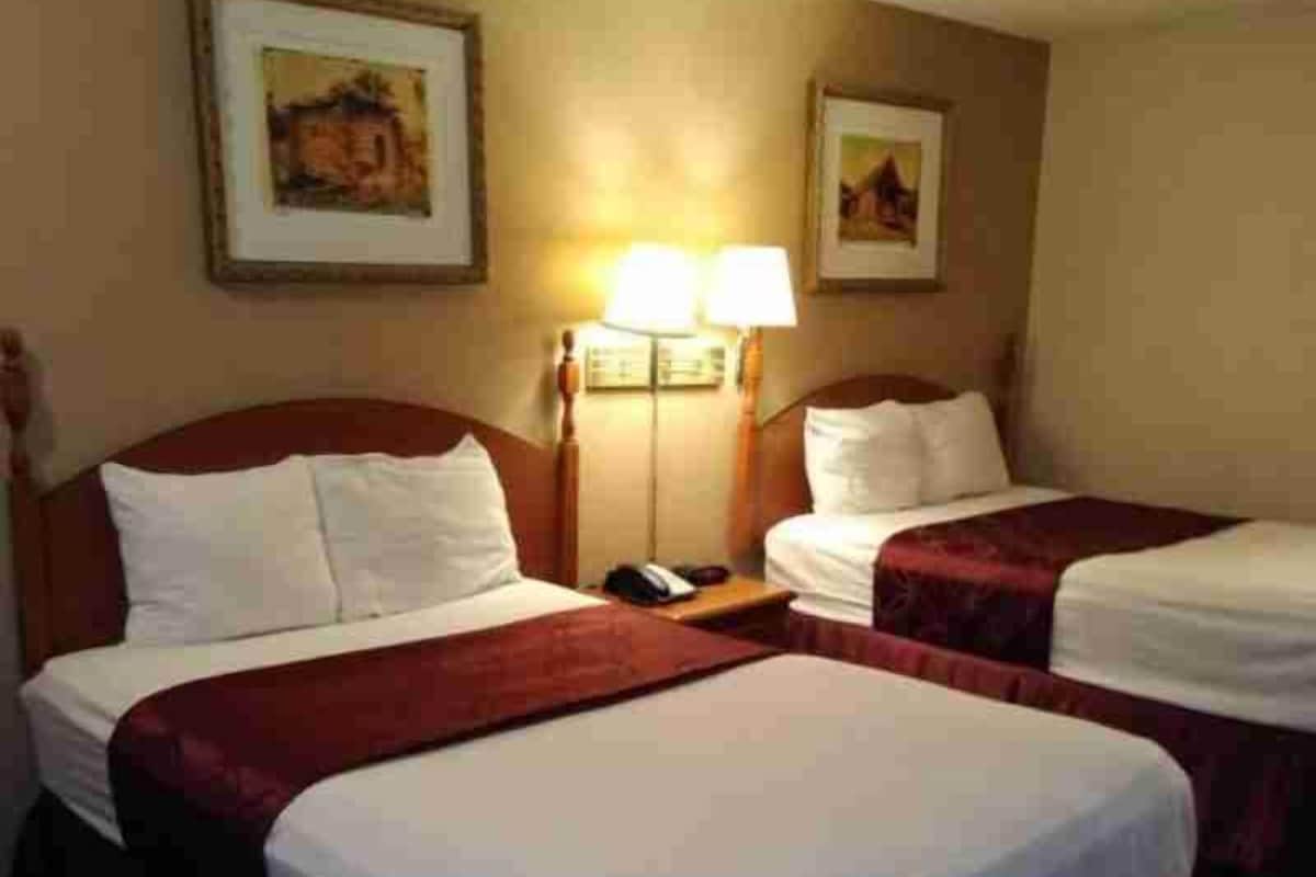 Habitación de hotel con dos camas, una mesita de noche, una lámpara y dos cuadros en la pared.