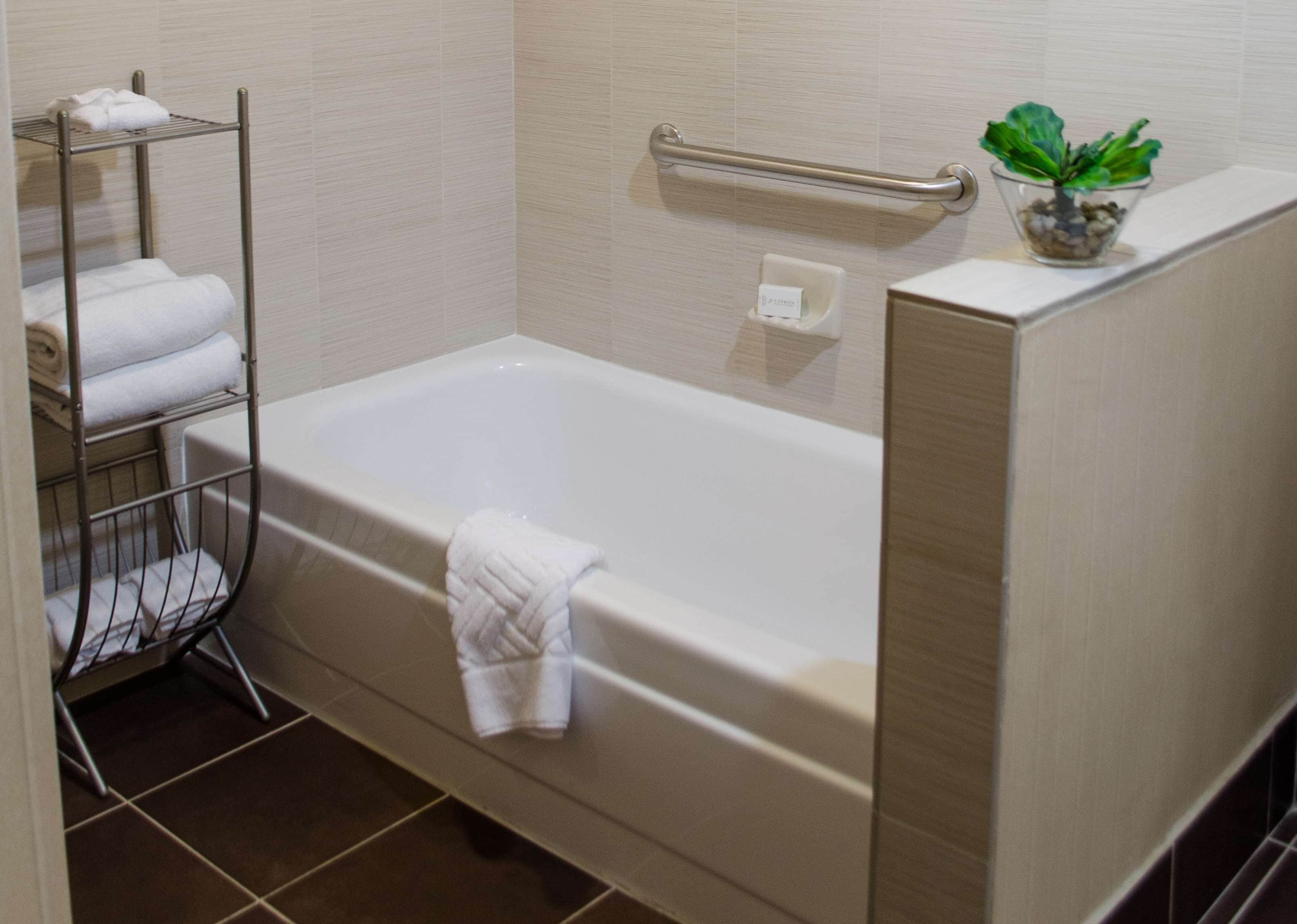 A modern bathroom with a bathtub, a towel rack, a hand dryer, and a potted plant.