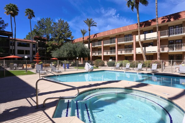 Outdoor pool, pool umbrellas, pool loungers