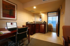 Fridge, microwave, coffee/tea maker, dining tables