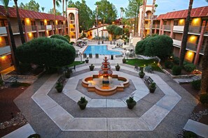 Outdoor pool, pool umbrellas, sun loungers