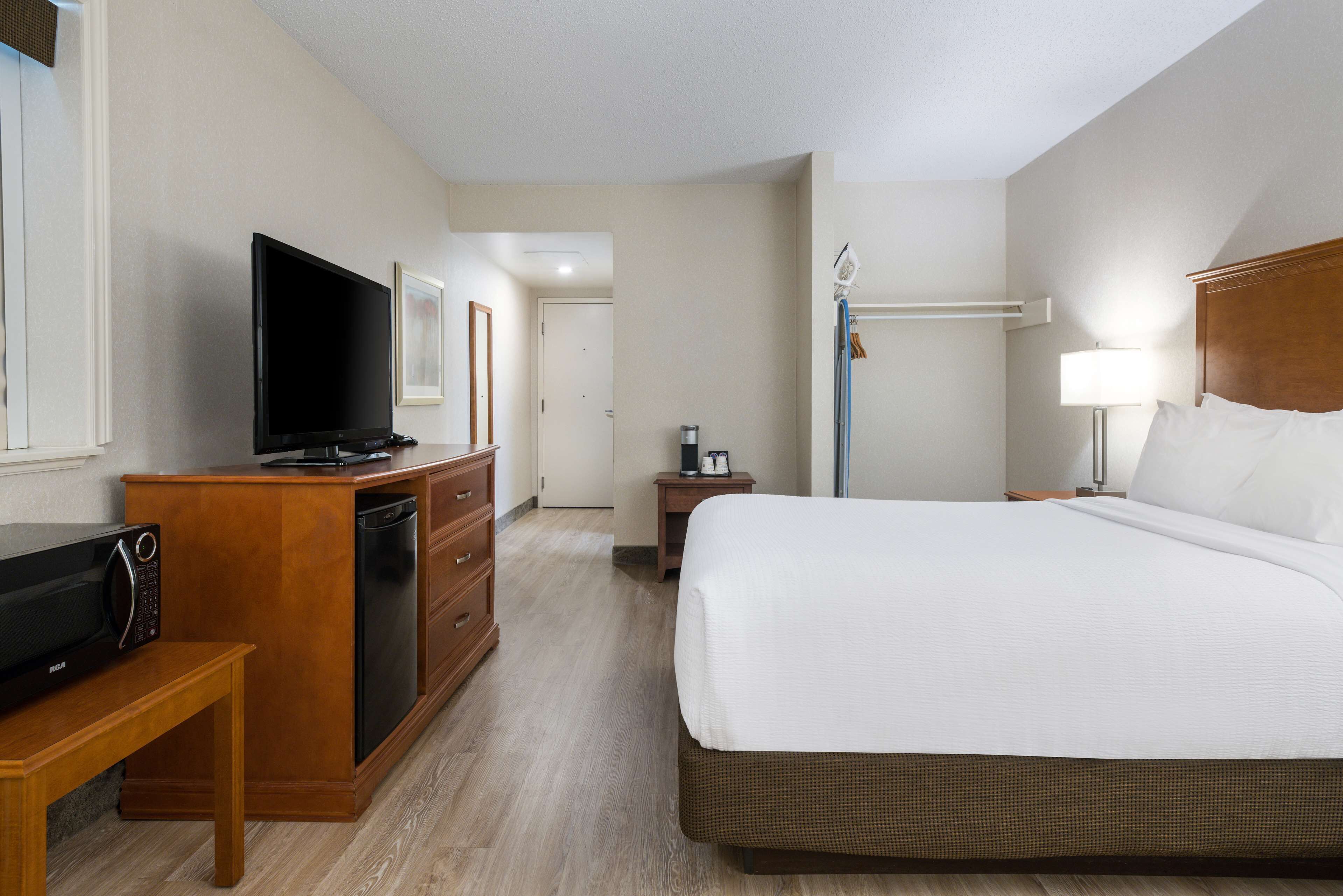 Habitación de hotel con una cama grande, televisión, microondas, mesita de noche y velador.