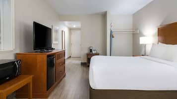 Habitación de hotel con una cama grande, televisión, microondas, mesita de noche y velador.