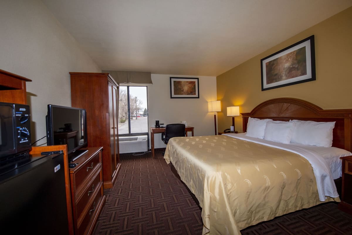 A hotel room with a bed, desk, chair, television, and a view of the outside.