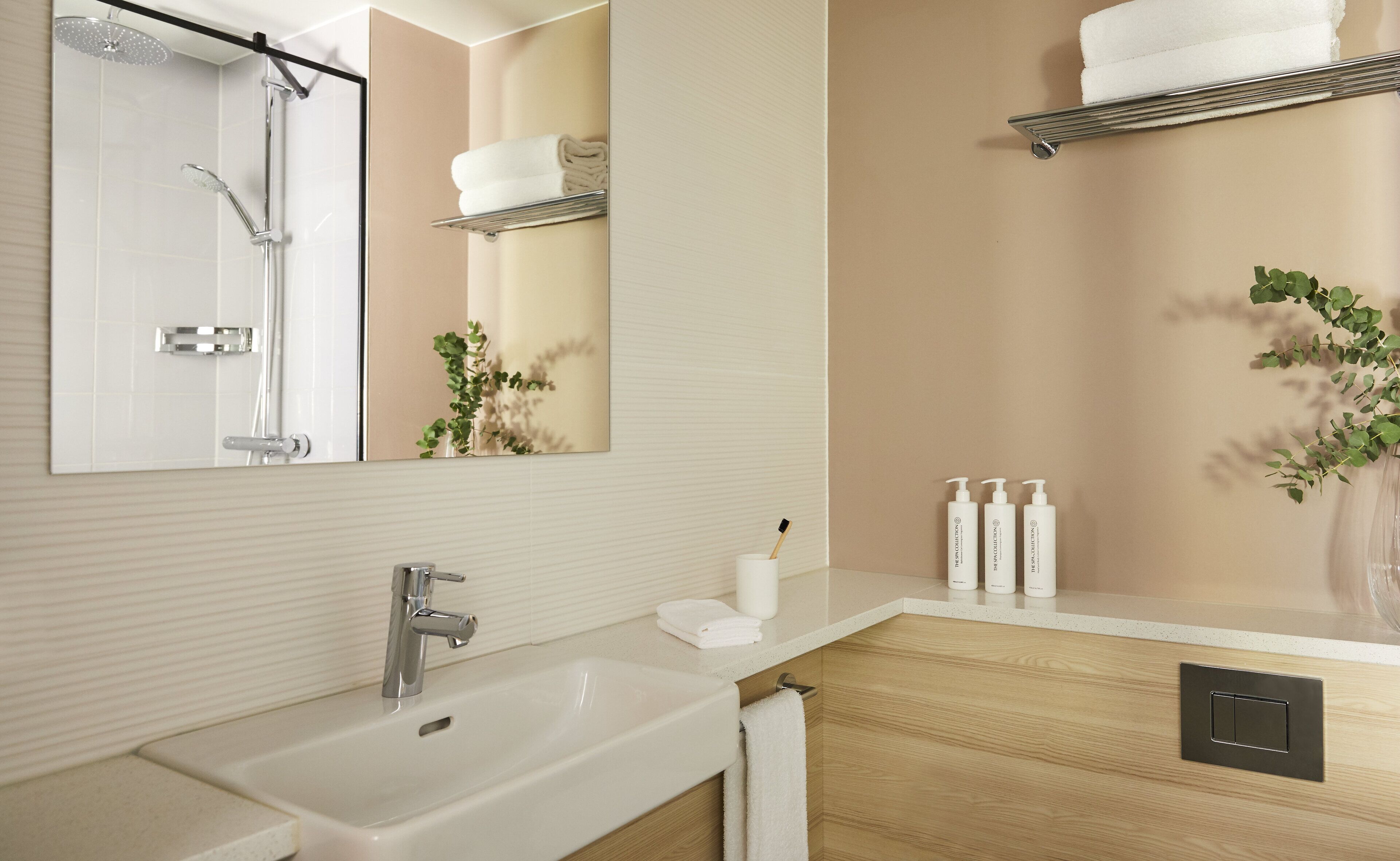 hair dryer, towels, soap, shampoo