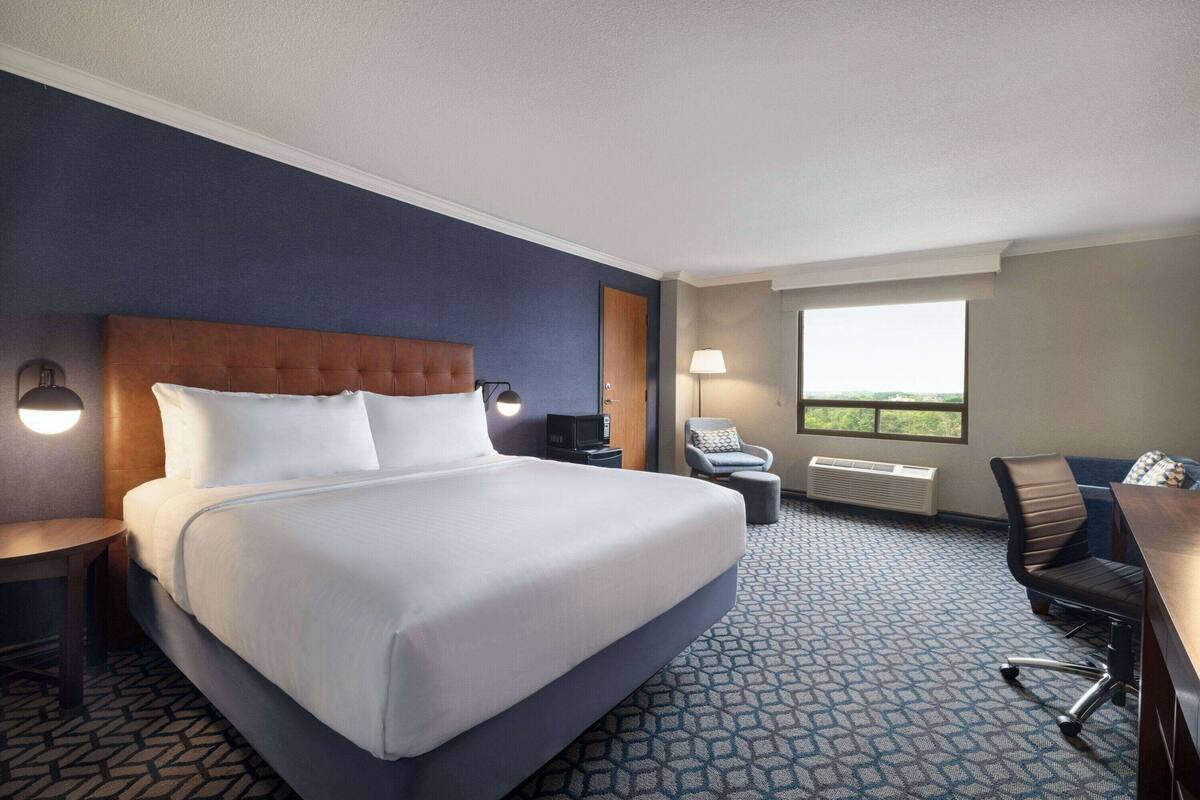 A hotel room with a large bed, a desk, a chair, and a window with a view.