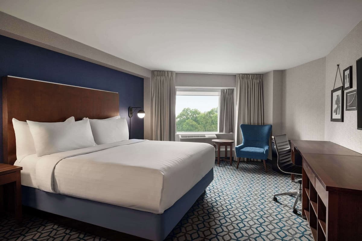 A hotel room with a large bed, a desk, a chair, and a view of trees through the window.