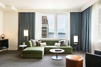 Sound View One Bedroom Suite | Frette Italian sheets, premium bedding, down comforters, pillowtop beds at The Alexis Royal Sonesta Hotel Seattle