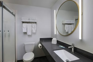 Combined shower/tub, free toiletries, hair dryer, towels