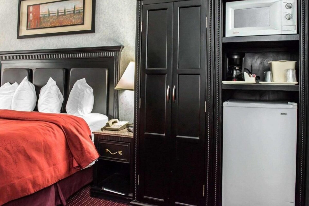A hotel room with a bed, a wardrobe, a microwave, and a refrigerator.