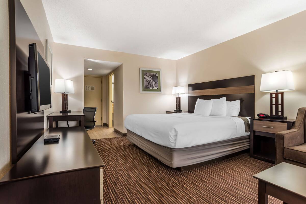 A hotel room with a large bed, a desk, a TV, and a chair.