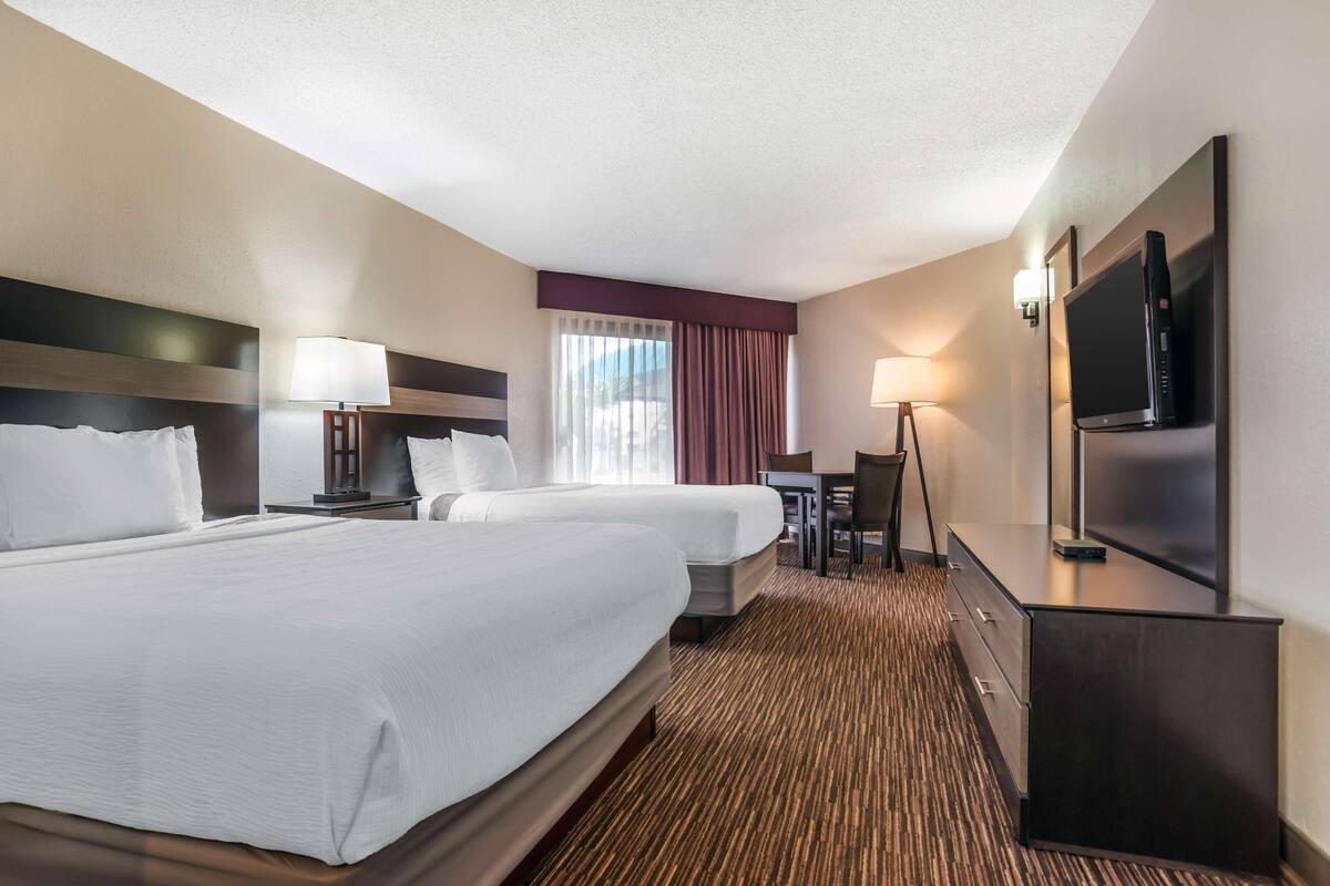 A hotel room with two beds, a desk, a chair, a TV, and a lamp.