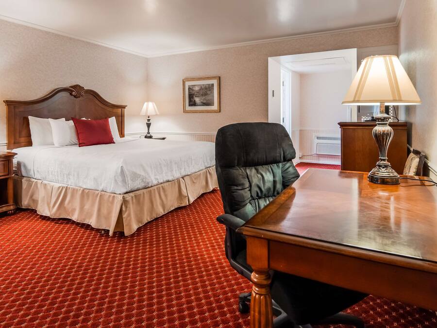 Habitación de hotel con una cama grande, un escritorio, dos mesitas de noche con lámparas, una silla y suelo cubierto de alfombra roja.