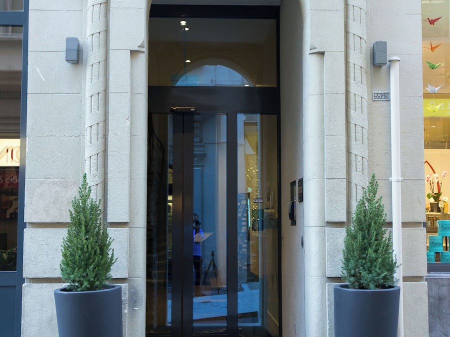A building entrance with a large arched doorway, two potted plants on either side, and a visible street number '19'.