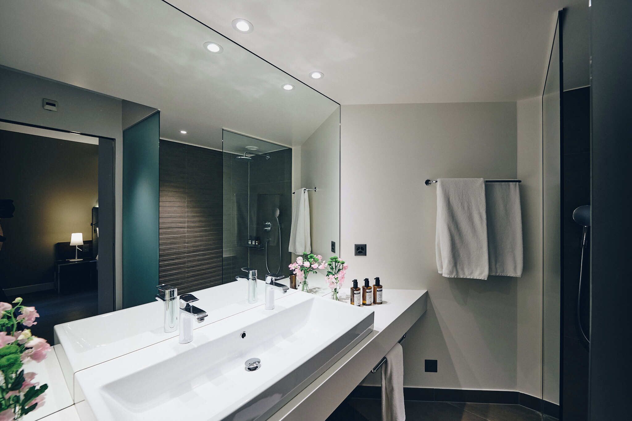 Une salle de bain moderne avec un grand miroir, deux lavabos et un espace douche.