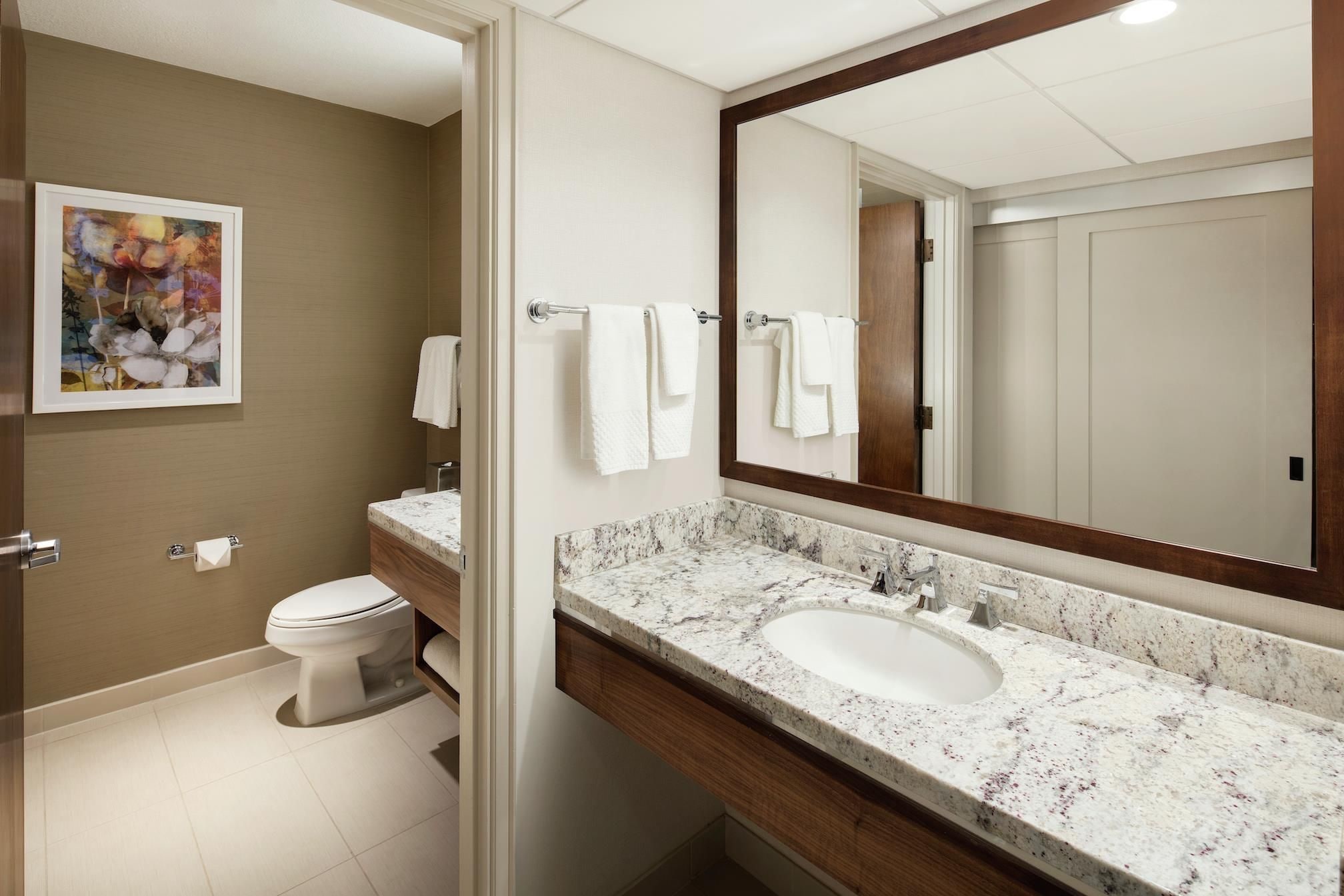 A modern bathroom with a marble sink, a toilet, and a large mirror.