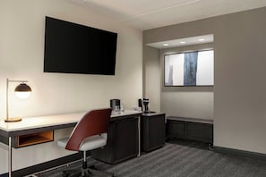 Desk, laptop workspace, blackout drapes, iron/ironing board
