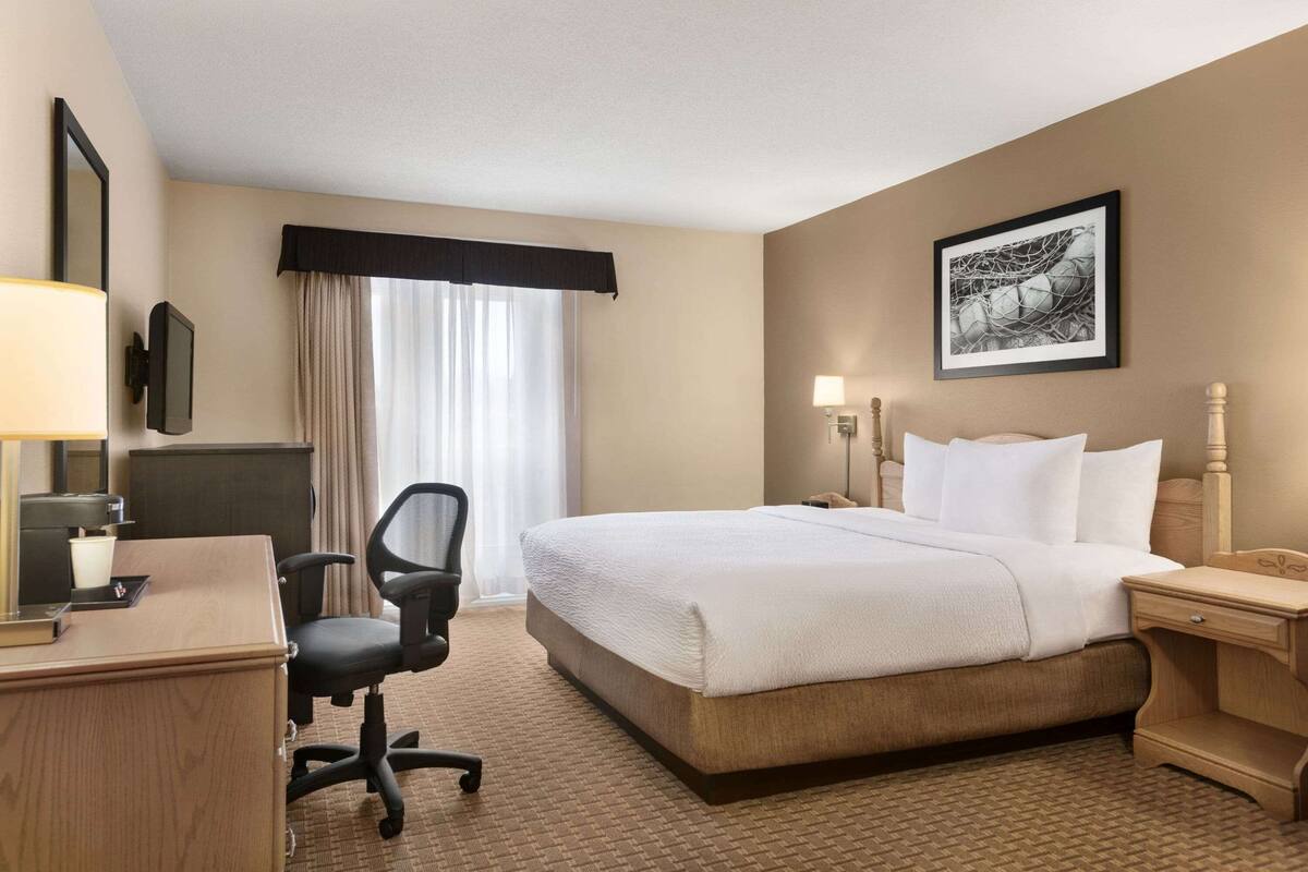 Quarto de hotel com cama, escrivaninha, cadeira e televisão.
