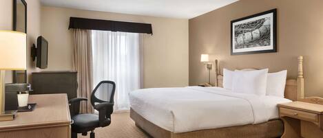 A hotel room with a bed, desk, chair, and a television.