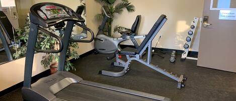 A fitness room with a treadmill, an elliptical, and dumbbells.
