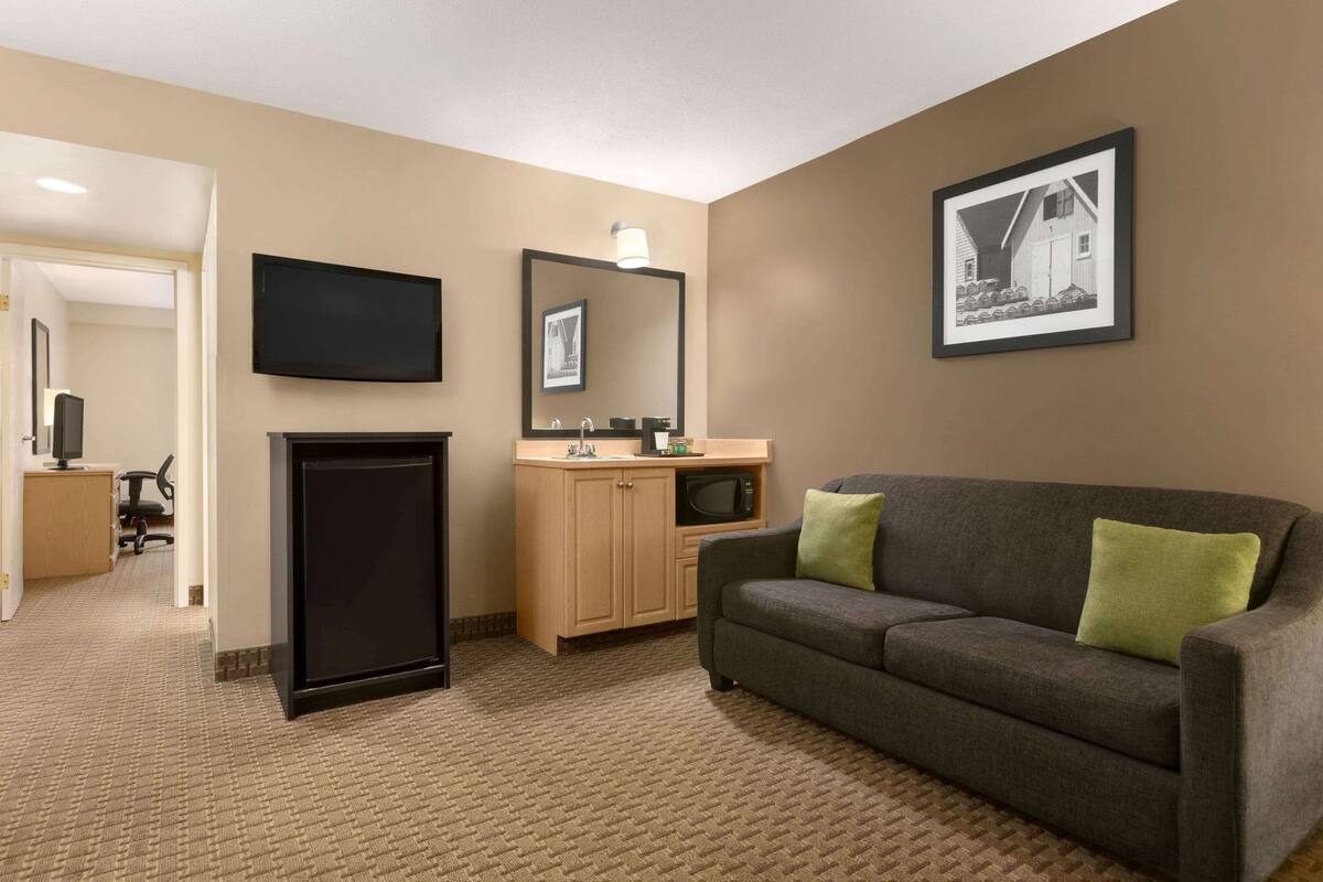 Quarto de hotel com televisão de tela plana, um pequeno armário com micro-ondas, sofá com almofadas verdes, quadro na parede e piso coberto de carpete.