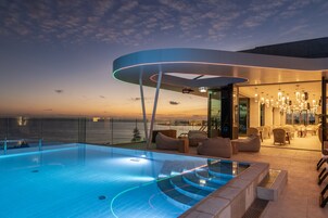 Indoor pool, outdoor pool, pool umbrellas