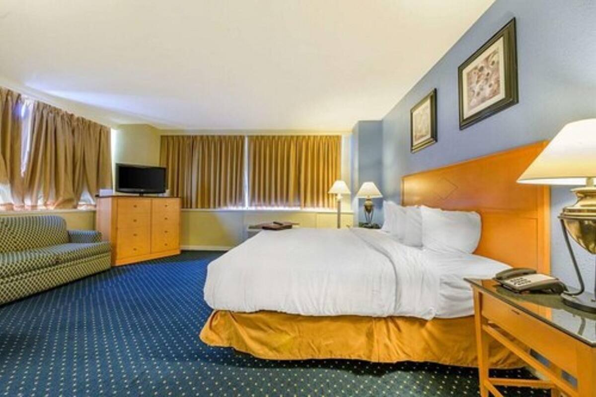 A hotel room with a bed, a TV, a desk with a lamp, a sofa, and a dresser.