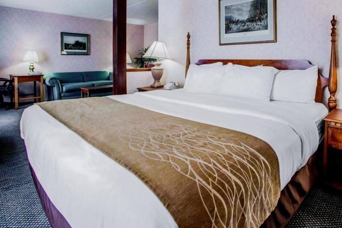 Une chambre d’hôtel avec un grand lit, une tête de lit en bois, un bureau avec une lampe, une chaise et un canapé.