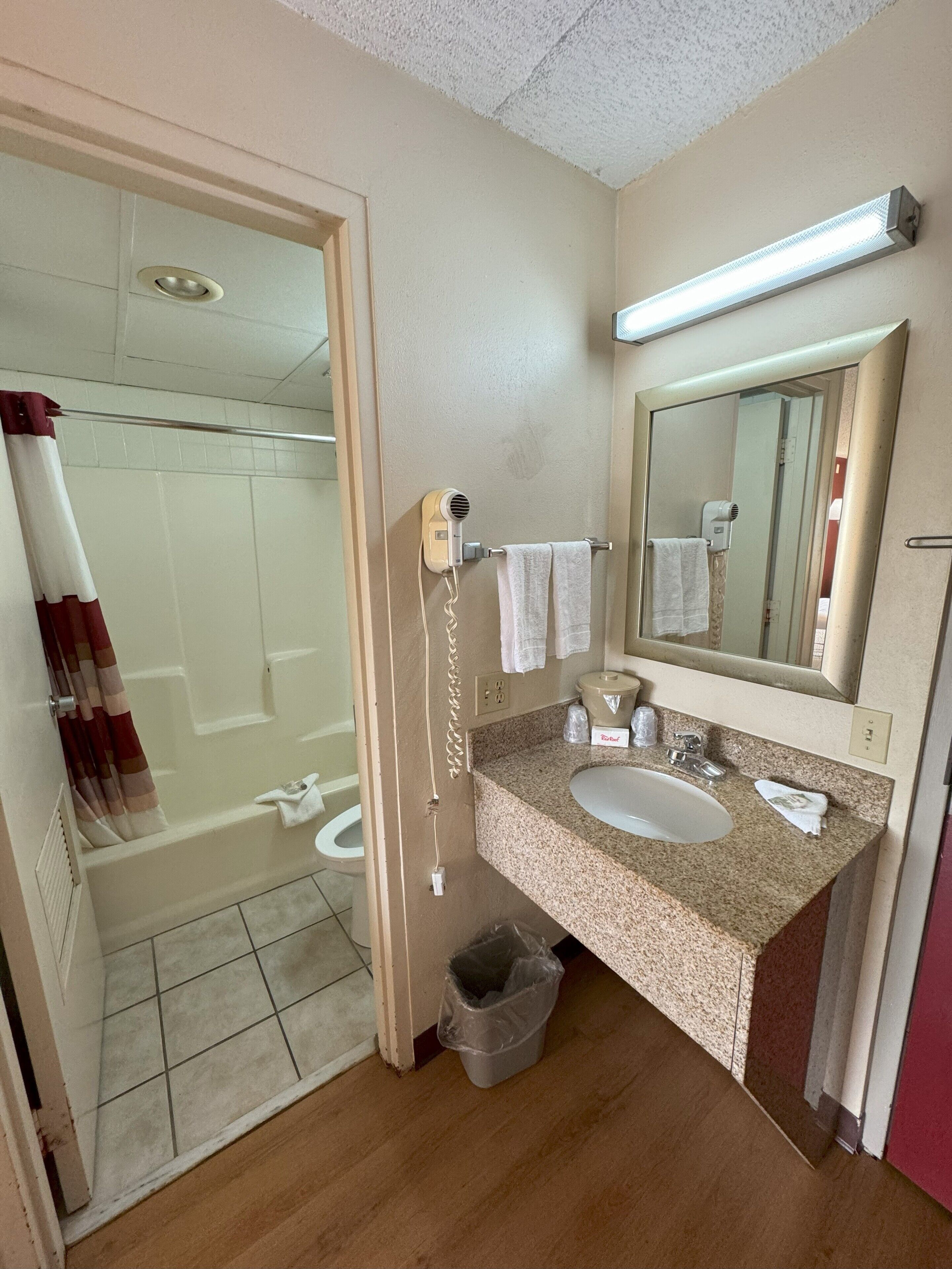 A bathroom with a shower, a sink, a mirror, and a hairdryer.