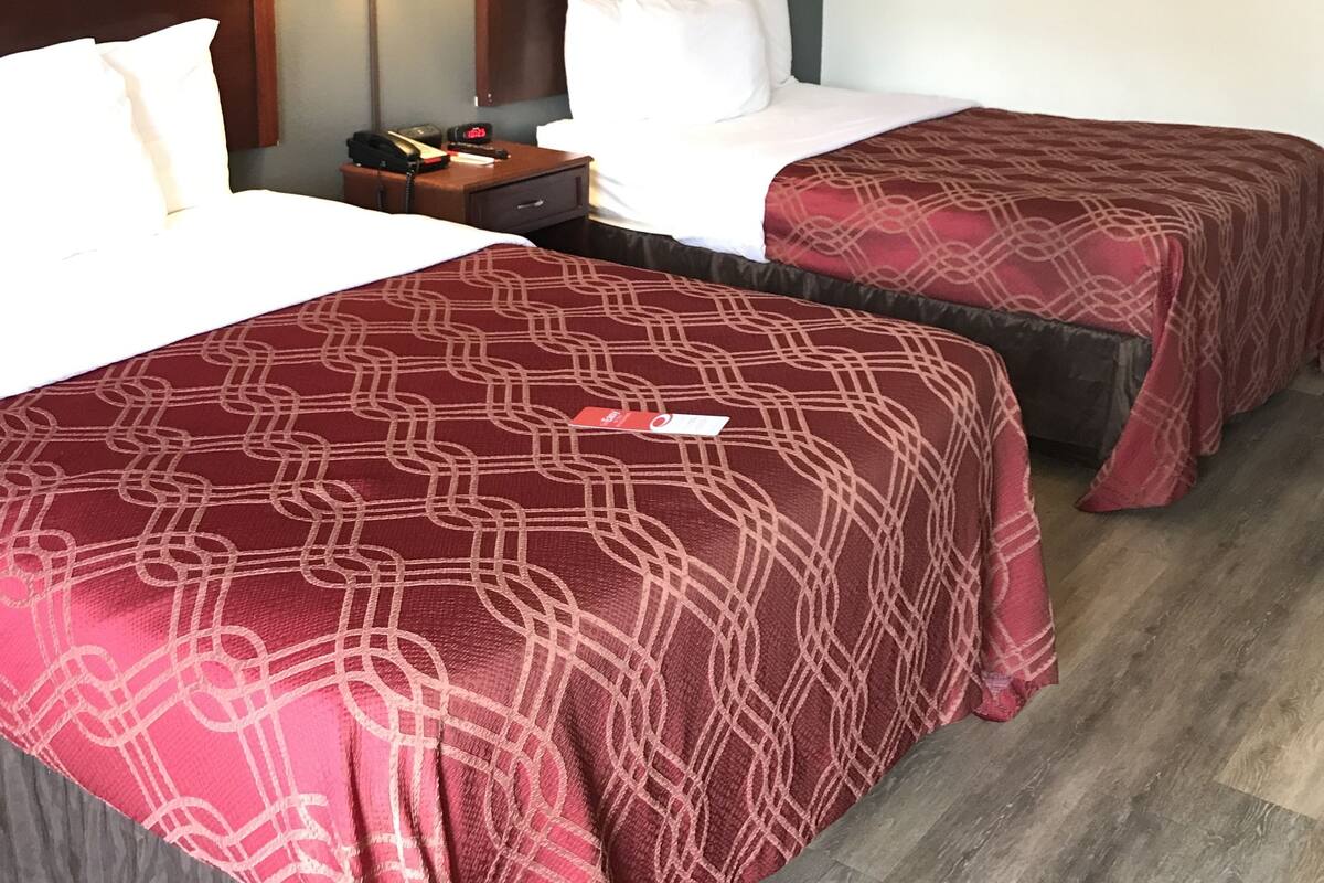 A hotel room with two beds, a nightstand, a lamp, and a painting on the wall.