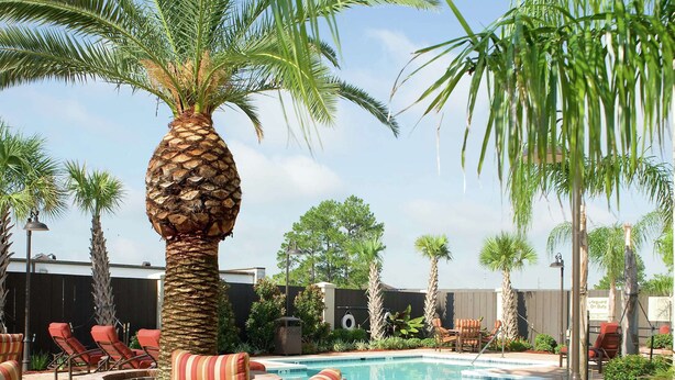 A pool area with lounge chairs, a fire pit, and a palm tree. - Hampton Inn Baton Rouge - I-10 & College Dr. (Baton Rouge)
