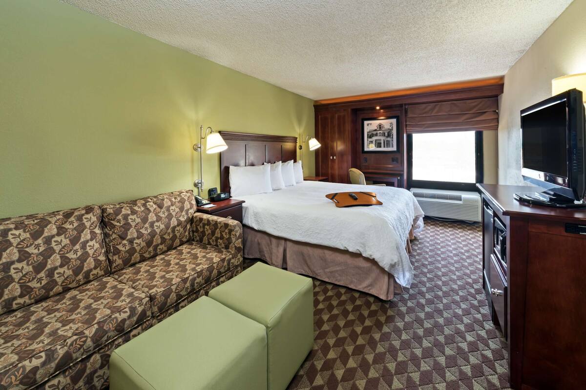 A hotel room with a bed, a sofa, a television, and a window.