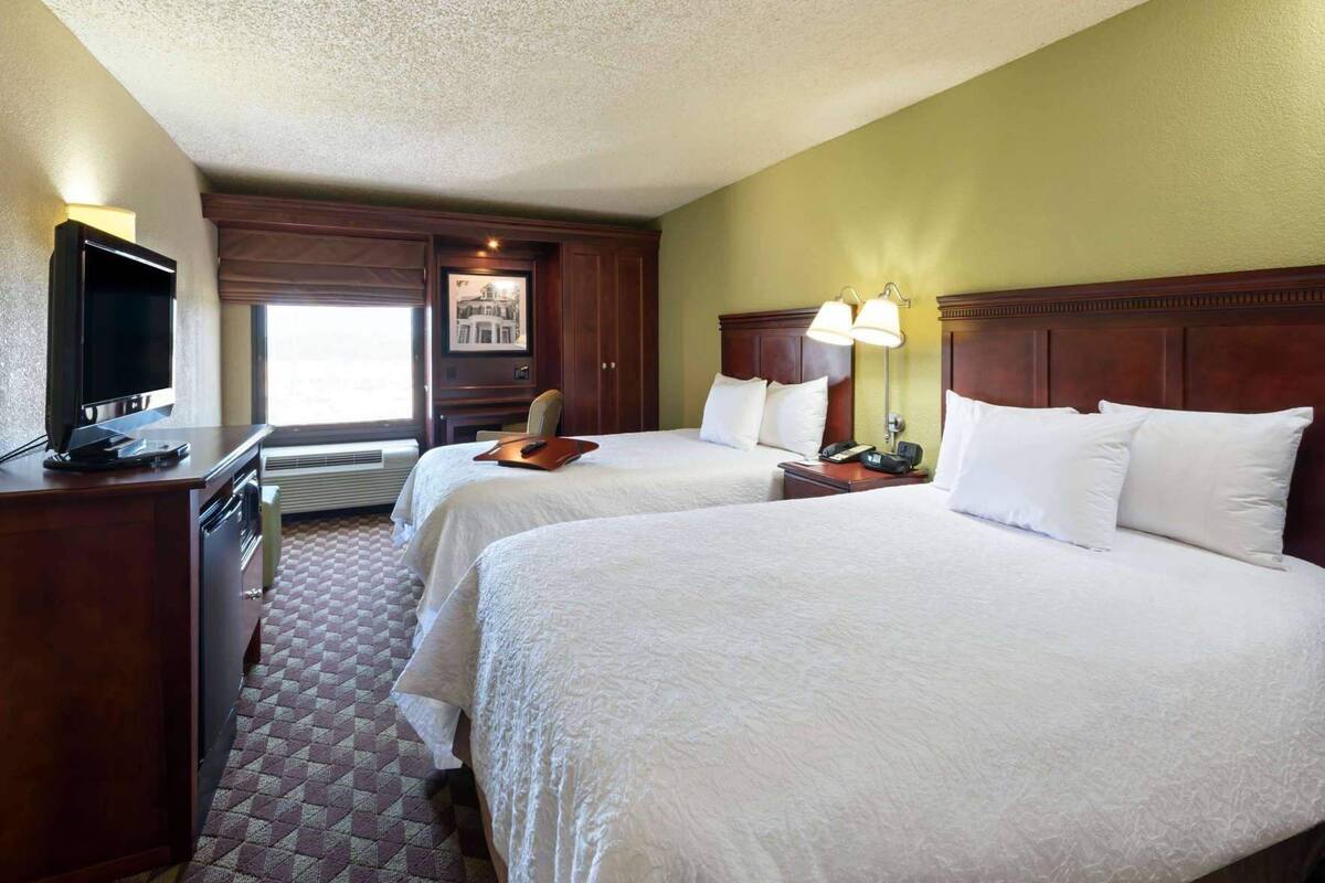 A hotel room with two beds, a desk with a TV, a chair, a desk lamp, and a framed picture on the wall.