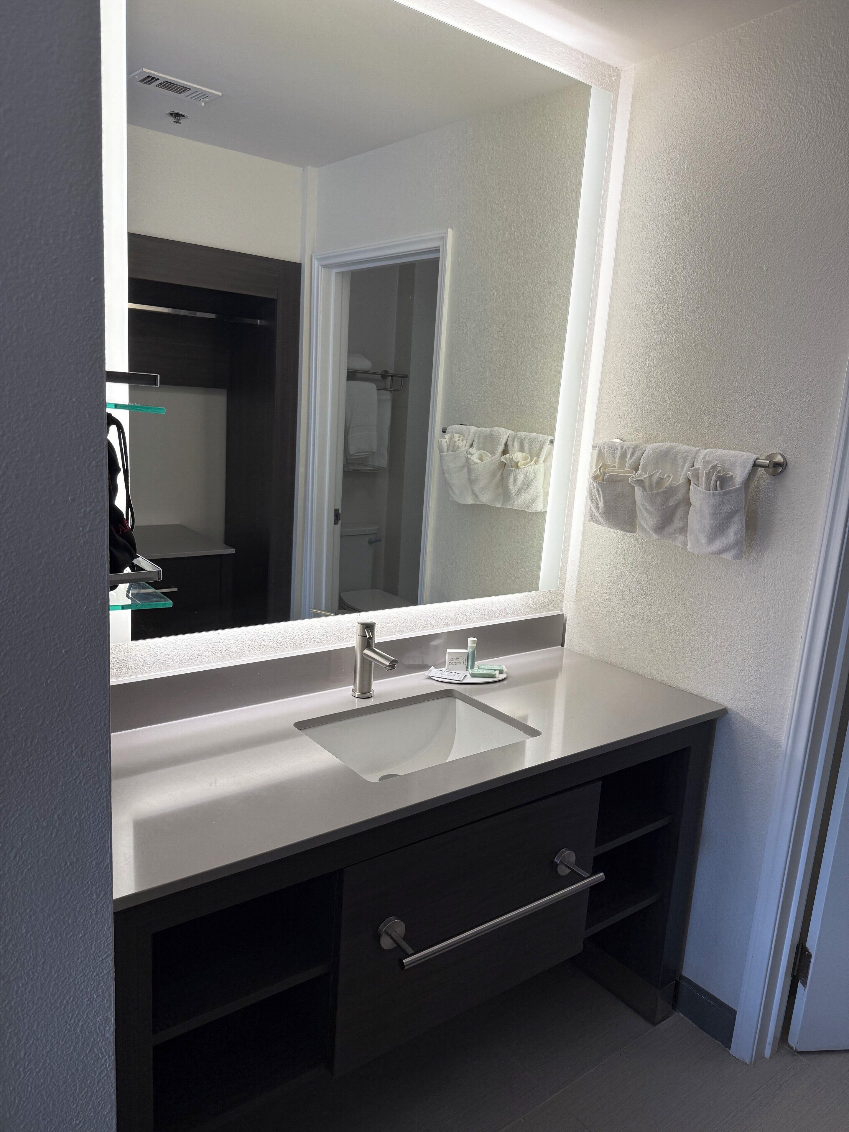 combined shower/bathtub, free toiletries, hair dryer, towels