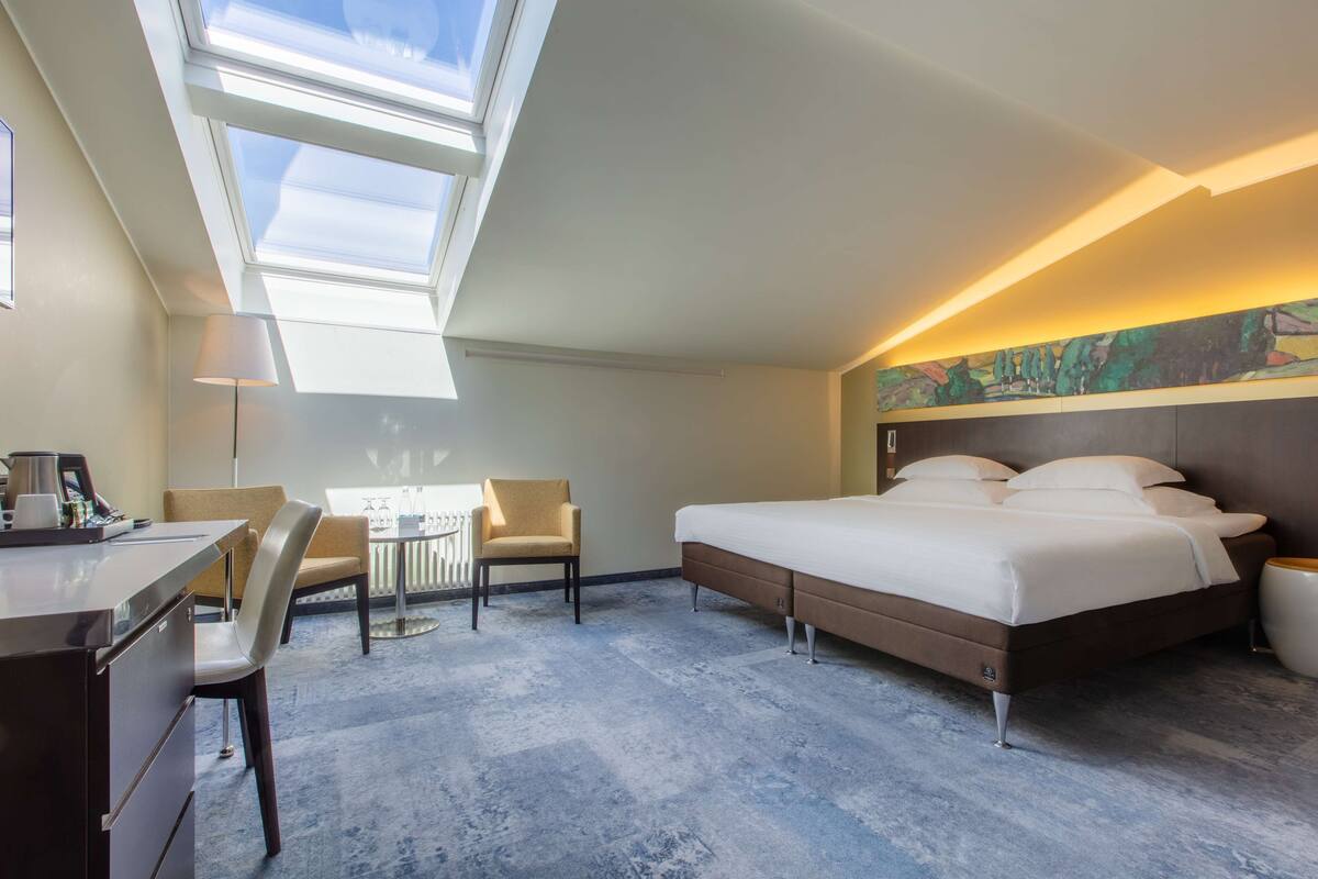 A hotel room with a skylight, a bed, a desk, and a chair.