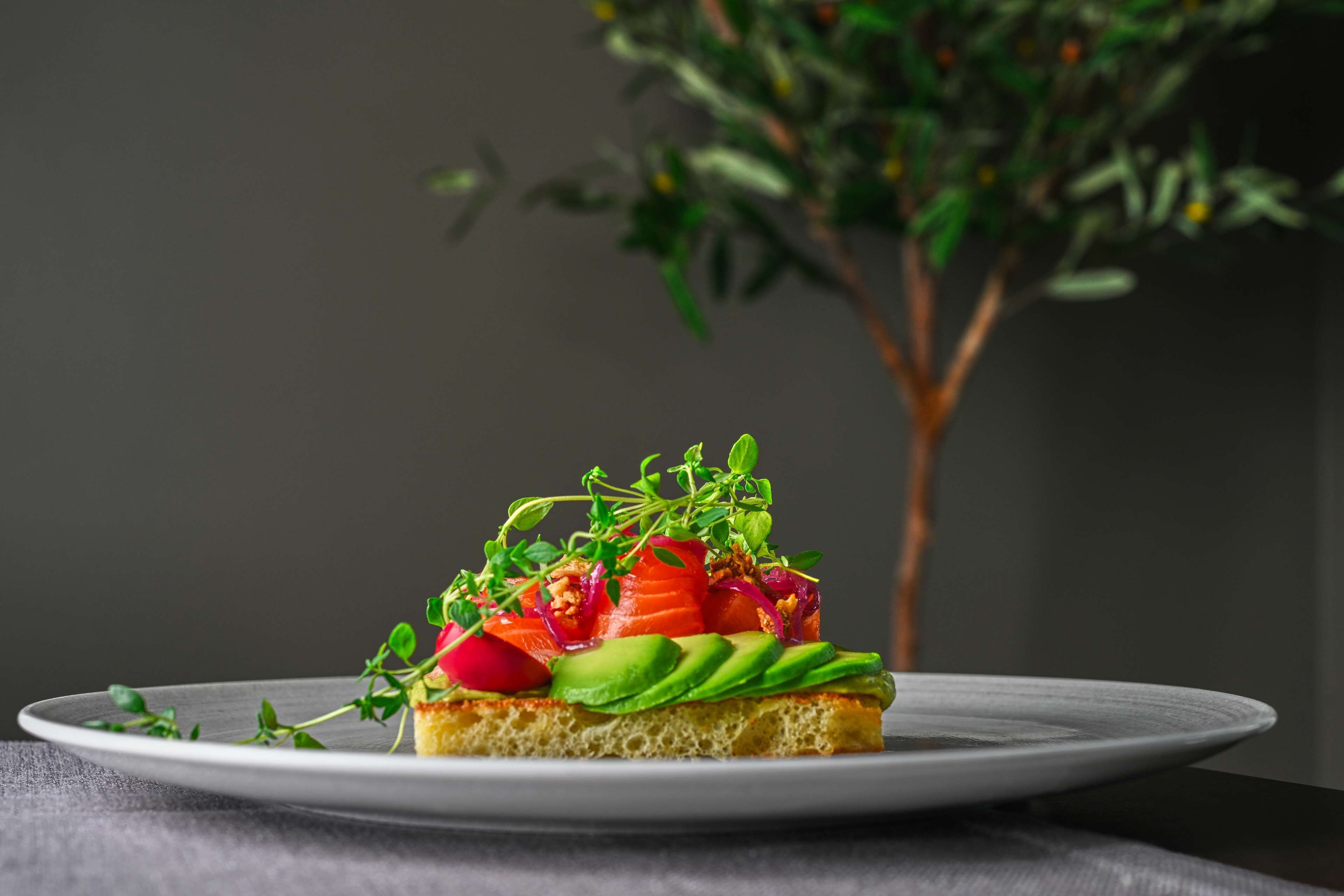 A slice of avocado toast with salmon and radish on a white plate.