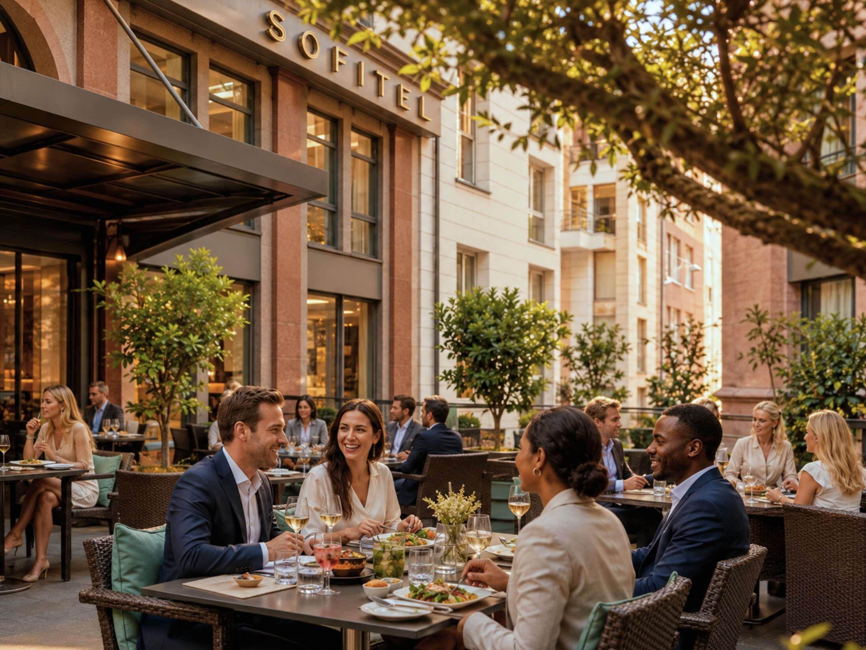 Un espacio exterior para comer con mesas y sillas, un edificio con el letrero 'SOFITEL', y árboles al fondo.