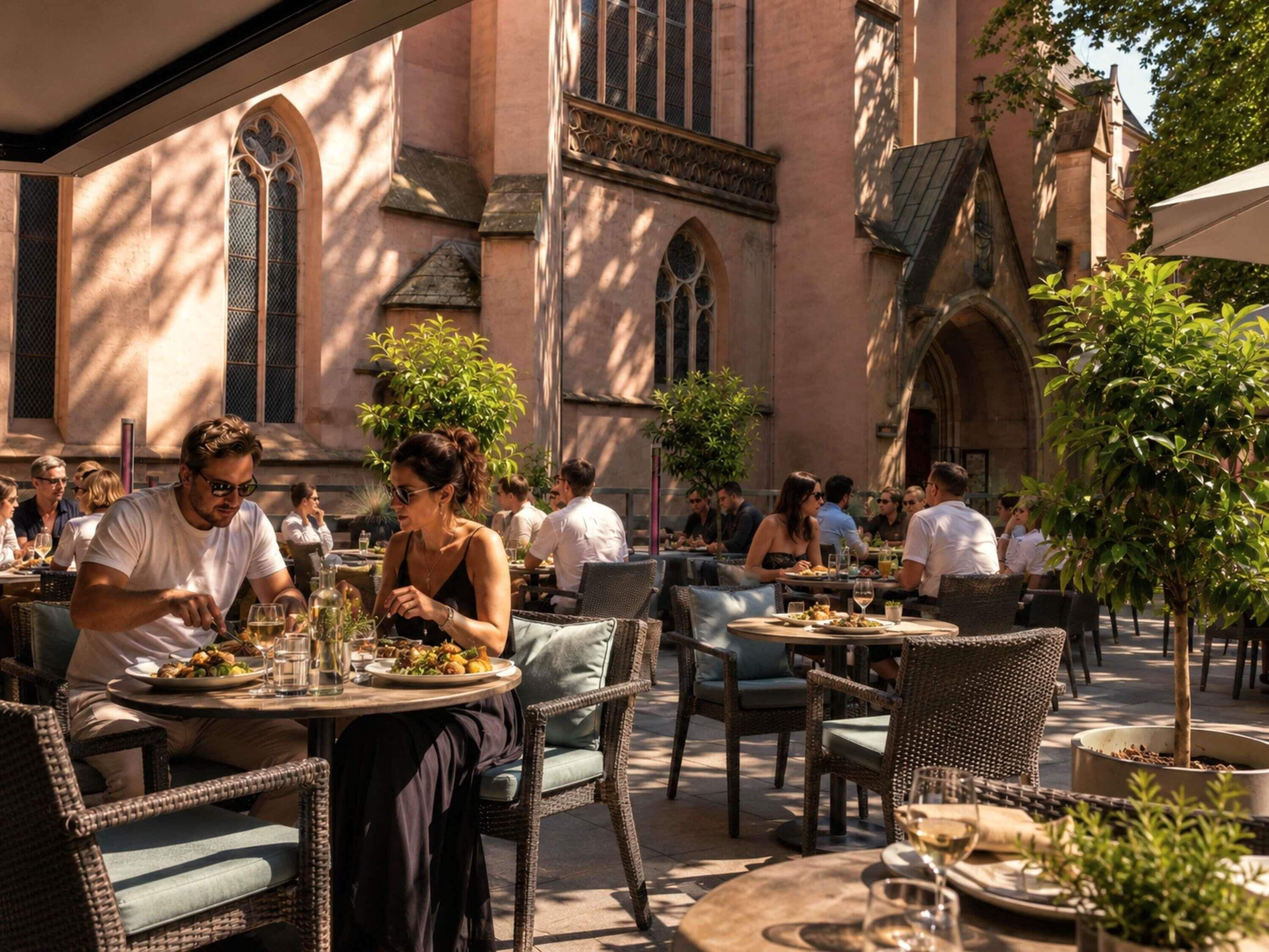 An outdoor dining area with wicker chairs and tables, surrounded by buildings with arched windows and a stone facade.