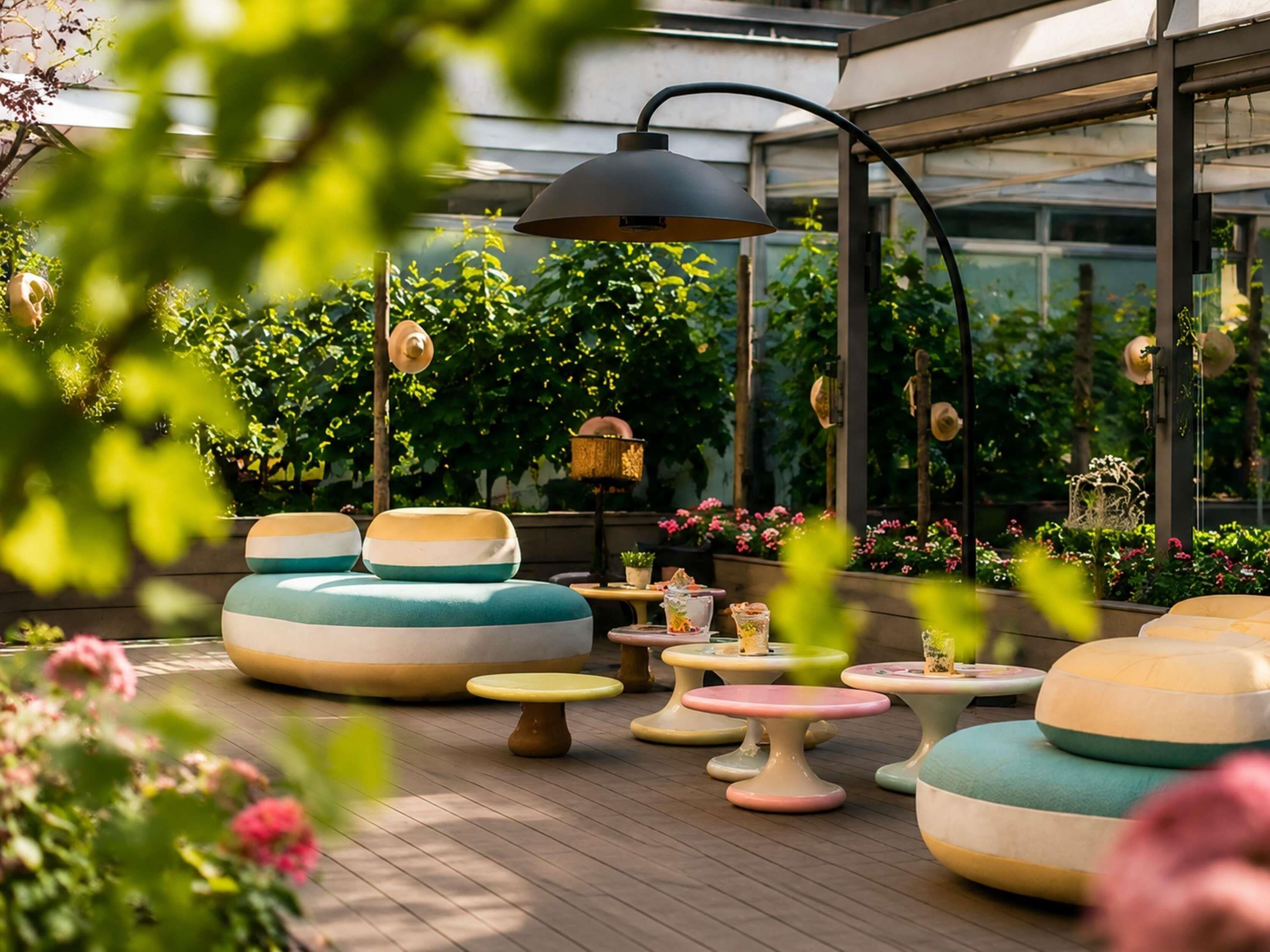 Un espace extérieur aménagé avec des tables rondes et des sièges rembourrés, entouré de verdure et protégé par une paroi de verre.