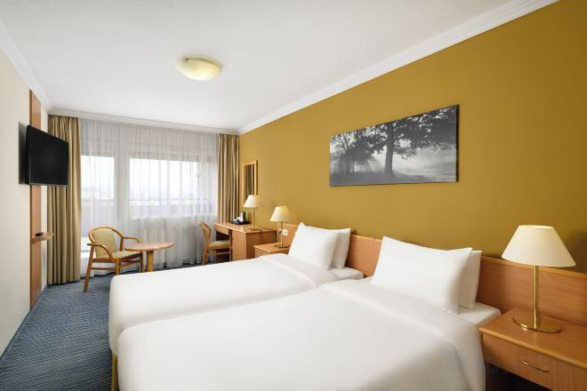 Habitación de hotel con dos camas, un escritorio, una silla, un televisor y un cuadro en la pared.